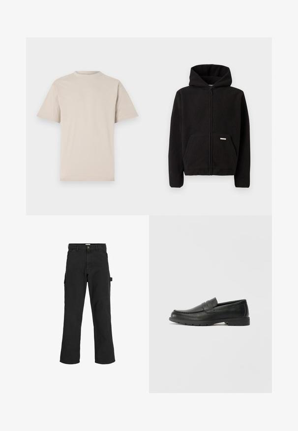 Felpa nera con zip e cappuccio, tasca frontale e tessuto testurizzato. Presenta un'etichetta piccola sulla tasca.; T-shirt beige a maniche corte, colletto girocollo, realizzato in morbido tessuto di cotone, caratterizzato da una vestibilità rilassata e senza motivi o decorazioni visibili.; Pantaloni cargo neri in tessuto misto cotone. Presentano gambe ampie, tasche anteriori oblique e una tasca laterale con un anello per accessori.; Mocassini neri in pelle con una finitura liscia, parte superiore in stile mocassino, dettagli cuciti e suola in gomma. Design classico con tacco basso.