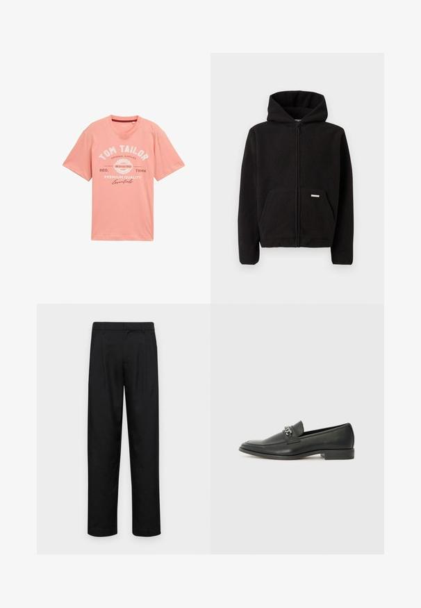 Melnas vilnas džemperis ar rāvējslēdzēju, kapuci, priekšējo kabatu un fakturētu audumu. Uz kabatas atrodas neliela etiķete.; Rozā kokvilnas t-krekls ar apaļu kakla izgriezumu, īsām piedurknēm un drukātiem tekstiem: "Tom Tailor" un "Premium Quality Essentials".; Melnas bikses, izgatavotas no gludas auduma, ar taisnu kāju dizainu, divām priekšējām krokām un standarta jostu, kurai ir āķi.; Melna ādas loafer izmēra apavi ar gludu virsmu, piedāvā ar šūtu dizainu un dekoratīvu metāla ķēdes akcentu pār vampu. Plakana papēža daļa.