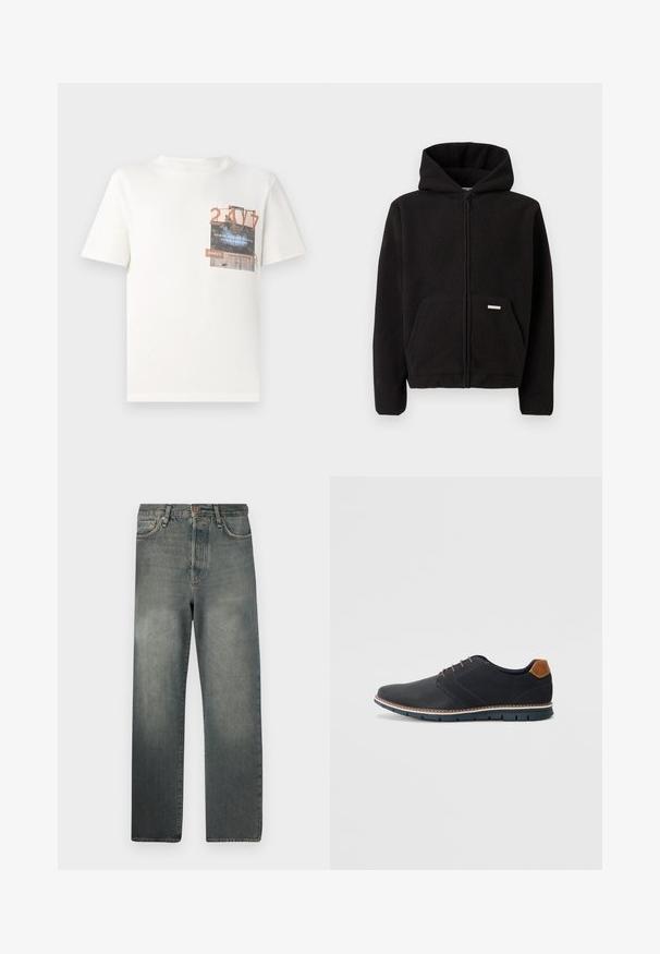 Černá fleecová mikina na zip s kapucí, přední kapsou a texturovaným materiálem. Má malou nášivku na kapse.; TOM TAILOR DENIM Triko s potiskem - gardenia white; Jack & Jones JJIALEX JJCOOPER - Baggy džíny - black denim; Černé syntetické boty s texturovaným svrškem, hladkými detaily, hnědým podpatkem a kontrastní podrážkou. Obsahují minimální šněrování a švy.