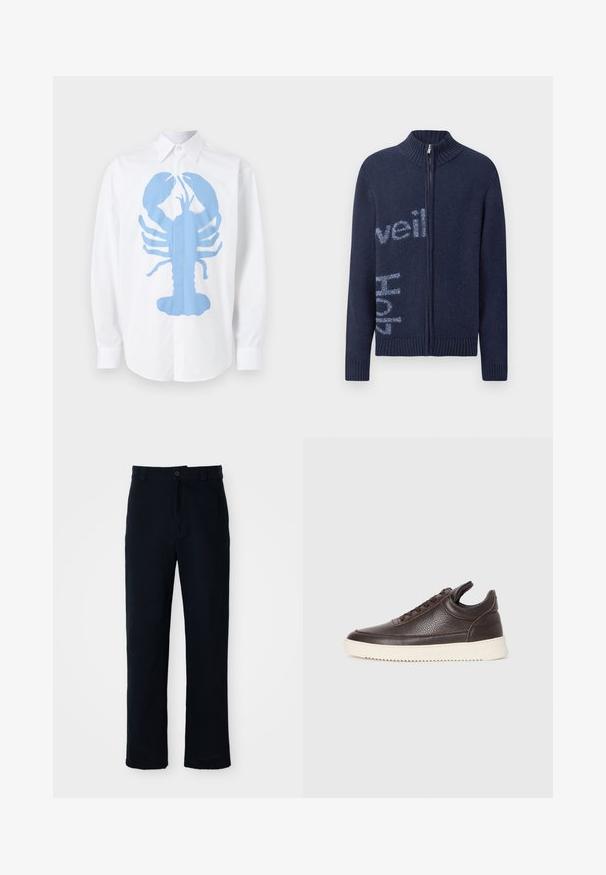 Maglione zip-up blu navy con colletto e polsini a coste, caratterizzato da testo azzurro sul davanti. Morbido al tatto e dalla vestibilità comoda.; Maglietta bianca a maniche lunghe con una grande grafica di aragosta blu sul fronte. La maglietta ha un colletto classico e polsi con bottoni.; Pantaloni color blu navy in cotone, con design a gamba dritta, chiusura con bottone frontale e vita classica con passanti per cintura.; Sneaker in pelle texturizzata marrone scuro con lacci davanti e suola in gomma bianca rigata su uno sfondo chiaro semplice.