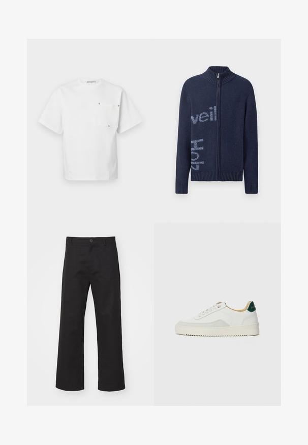 Navy zip-up sweater with ribbed collar and cuffs, featuring light blue text on the front. Soft texture and relaxed fit.; White short-sleeve crew neck T-shirt with a square pocket on the left chest secured by four metal rivets.; Black wide-leg pants made of sturdy fabric, featuring a button closure, two front pockets, and a clean seam finish.; White sneaker with suede accents, rounded toe, flat laces, and a cream rubber sole. Features green branding on the heel.
