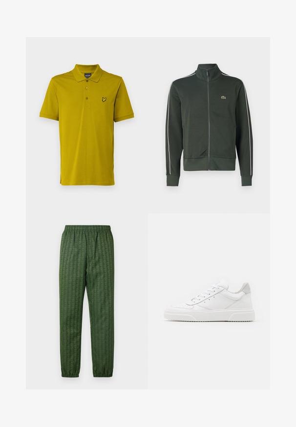 Chaleco verde con cremallera y cuello alto, franjas laterales blancas, puños y dobladillo acanalados, con un pequeño logo bordado en el lado izquierdo del pecho.; Lyle & Scott PLAIN - Polo - gold coloured; Pantalones deportivos verdes con estampado, cintura elástica, piernas ajustadas y un diseño geométrico en toda su superficie. Hechos de un material ligero.; Zapatillas de cuero blanca con un acabado suave, punta redondeada, cordones planos y una suela texturada. Acento de ante gris en el talón.