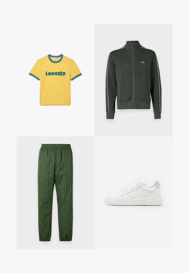 Chaleco verde con cremallera y cuello alto, franjas laterales blancas, puños y dobladillo acanalados, con un pequeño logo bordado en el lado izquierdo del pecho.; Camiseta de algodón amarilla con cuello y mangas de canalé azul, con un destacado logo verde de "Lacoste" impreso en el frente.; Pantalones deportivos verdes con estampado, cintura elástica, piernas ajustadas y un diseño geométrico en toda su superficie. Hechos de un material ligero.; Zapatillas de cuero blanca con un acabado suave, punta redondeada, cordones planos y una suela texturada. Acento de ante gris en el talón.