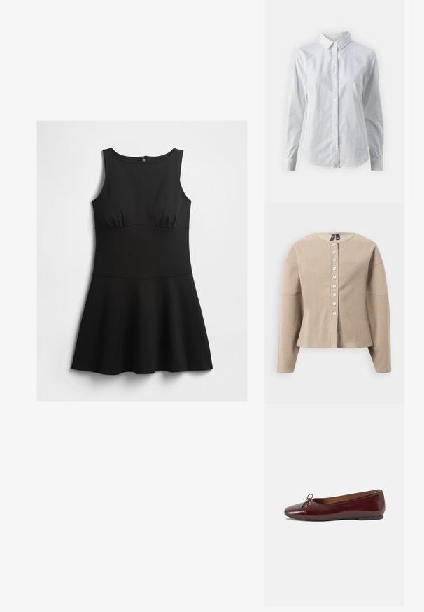 Beige Strickcardigan mit rundem Ausschnitt, vorne mit Knöpfen zu schließen und langen Ärmeln. Strukturierter Stoff mit einem dezenten Muster.; Ärmelloses schwarzes Kleid mit tailliertem Oberteil, rundem Ausschnitt und ausgestelltem Rock, flach auf weißem Hintergrund präsentiert.; Weißes Hemd mit Knöpfen, aus glattem Baumwollstoff, mit klassischem Kragen, langen Ärmeln und abgerundetem Saum. Die Knöpfe sind klein und weiß.; Burgunderfarbenes, lackiertes Ballettschuh mit abgerundetem Zehenbereich, kleiner Schleifenakzent vorne und einer niedrigen, schwarzen Gummisohle. Glatte Textur.