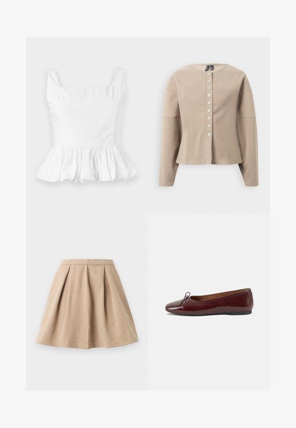 Bēšs adīts kardigans ar apaļu izgriezumu, priekšā ar pogām un garām piedurknēm. Teksturēts audums ar smalku rakstu.; Balta peplum blūze ar kvadrātveida kakla izgriezumu un plānām siksnām. Izgatavota no gludas, vieglas auduma ar savilktu volānu detaļu apakšmalā.; Brūna plīšu svārku, kas izgatavota no teksturēta auduma, ar pieguļošu jostas daļu un izplestu dizainu, kas sasniedz vidusceli.; Burgundijas laku ādas baleta kurpes ar noapaļotu purngalu, nelielu loku akcentu priekšā un zemu melnu gumijas zoli. Gluda tekstūra.