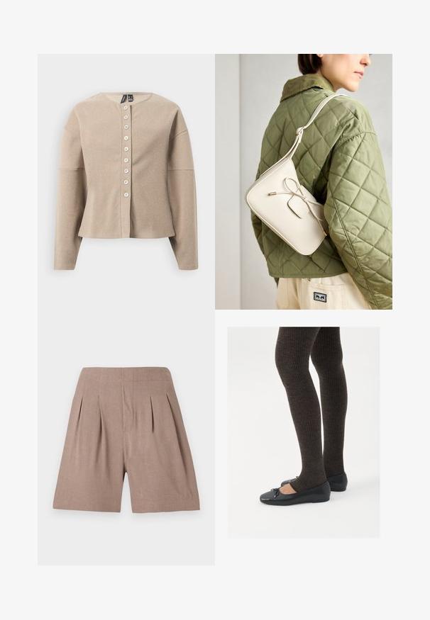 Beige strikket cardigan med rund hals, knappestolpe foran og lange ermer. Teksturert stoff med et subtilt mønster.; Svart langermet, tett topp med firkantet hals, merket GAP, vist på en hvit bakgrunn.; Brune, plisede shorts laget av et lett materiale, med en jevn tekstur og tilpasset passform, samt en ren, minimalistisk design.; Sorte flate sko med en liten sløyfedetalj på tåen, kombinert med mørkebrune ribbede strømpebukser. Skoene har en glatt overflate og lav profil.; Beige skinnveske med en sløyfedetalj, gullhardware og en justerbar stropp, båret over en grønn quiltet jakke.