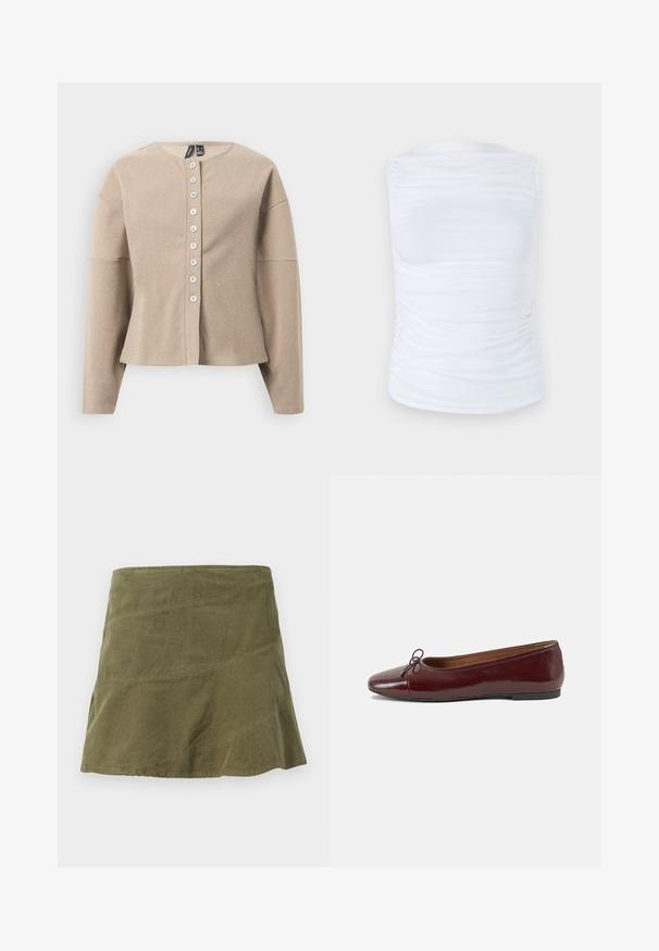 Beige knit cardigan with a round neckline, featuring a button-up front and long sleeves. Textured fabric with a subtle pattern.; White sleeveless top made of smooth, stretchy fabric with gathered details along the sides, featuring a round neckline and a fitted silhouette.; Olive green corduroy skirt with a flared shape, featuring diagonal seams and subtle texture. Mid-length design with no visible fastenings.; Burgundy patent leather ballet flat with a rounded toe, small bow accent at the front, and a low, black rubber sole. Smooth texture.