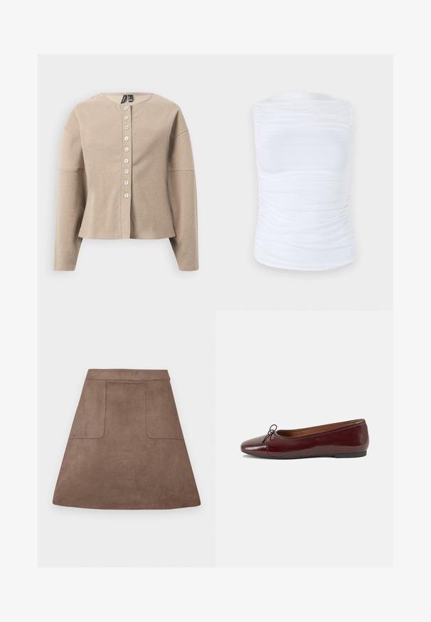 Beige strikket cardigan med rund hals, knappestolpe foran og lange ermer. Teksturert stoff med et subtilt mønster.; Hvit ermeløs topp laget av glatt, elastisk stoff med rynkedetaljer langs sidene, med rund halslinning og en tettsittende silhuett.; Brun suedes A-linjekjole med en glatt tekstur, med to frontlommer og en sømløs midje, designet for lengde over kneet.; Burgunderrød lakk lær ballettleilighet med rund tå, liten sløyfe foran og en lav, svart gummisåle. Glatt tekstur.