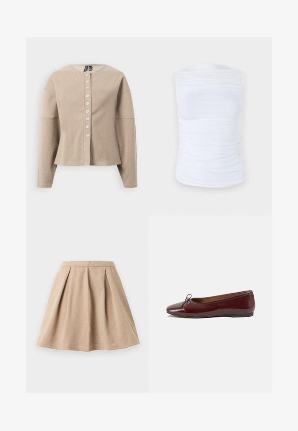 Beige strikket cardigan med rund hals, knappestolpe foran og lange ermer. Teksturert stoff med et subtilt mønster.; Hvit ermeløs topp laget av glatt, elastisk stoff med rynkedetaljer langs sidene, med rund halslinning og en tettsittende silhuett.; Beige plissert skjørt laget av teksturert stoff, med en tettsittende midjebånd og en utvidet design som strekker seg til midt på låret.; Burgunderrød lakk lær ballettleilighet med rund tå, liten sløyfe foran og en lav, svart gummisåle. Glatt tekstur.