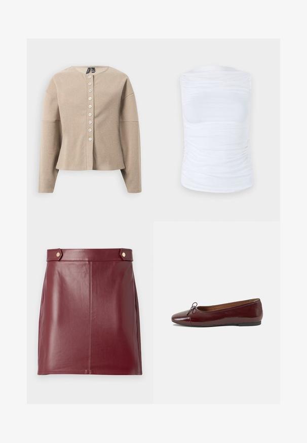 Beežide toonidega kudumkangast kardigan ümara kaelusega, ees nööpidega ja pikkade varrukatega. Tekstuurse mustriga kangas.; Valge ilma varrukateta topp, mis on valmistatud siledast ja venivast kangast, mille külgedel on kogutud detailid. Topp on ümmarguse kaelusega ja mudeli järgi istuv.; Burgundia nahast mini seelik sujuva tekstuuriga, millel on minimalistlik disain, külgpaneelid ja kaks kuldset nuppu vöökohtade juures.; Burgundi patendnahk kingad balletitüüpi, ümmarguse ninaosa, ees väike paelaaktsent ja madal must kummist tald. Sile tekstuur.
