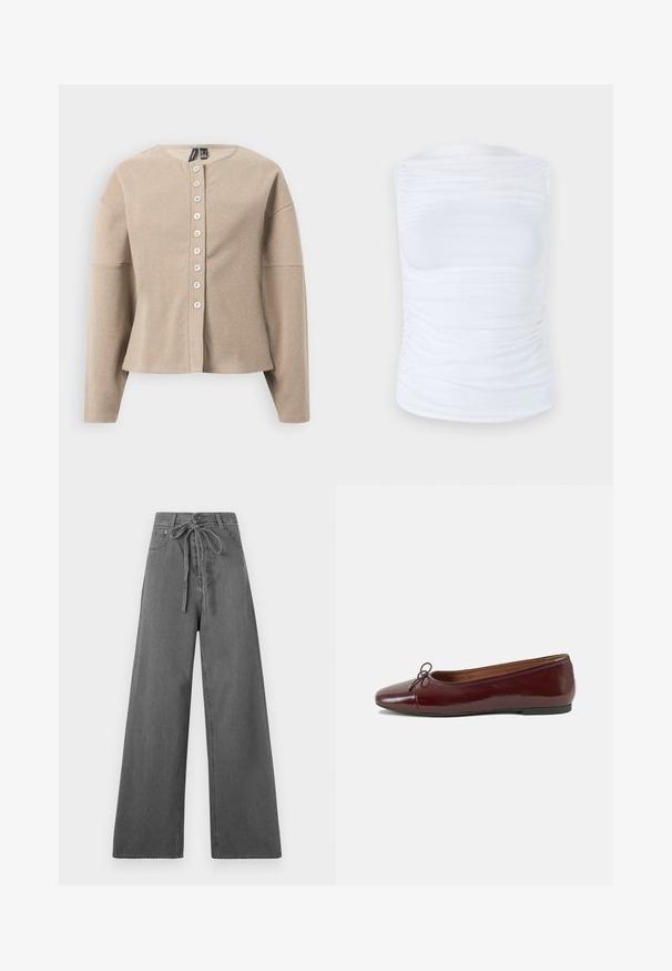 Beige strikket cardigan med rund hals, knappestolpe foran og lange ermer. Teksturert stoff med et subtilt mønster.; Hvit ermeløs topp laget av glatt, elastisk stoff med rynkedetaljer langs sidene, med rund halslinning og en tettsittende silhuett.; Grå vide benbukser med snøring i livet, vist mot en enkel hvit bakgrunn.; Burgunderrød lakk lær ballettleilighet med rund tå, liten sløyfe foran og en lav, svart gummisåle. Glatt tekstur.