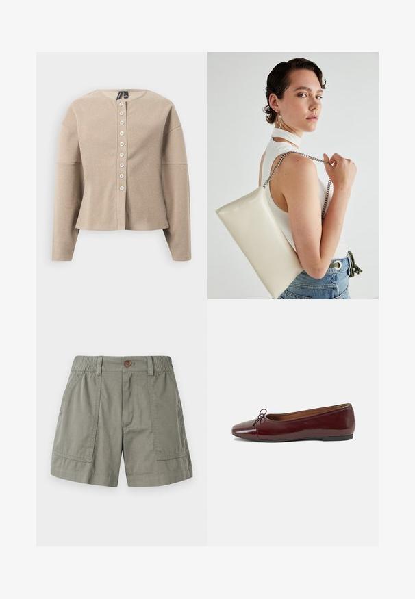 Cardigan bej tricotat cu decolteu rotund, prevăzut cu închidere cu nasturi pe partea din față și mâneci lungi. Material texturat cu un model subtil.; Top alb fără mâneci, fabricat dintr-un material neted și elastic, cu detalii pliate pe laturi, având un decolteu rotund și o siluetă ajustată.; Şorturi de culoare verde măsliniu deschis, confecționate dintr-un amestec de bumbac, având o talie elastică, buzunare frontale și un închideri cu un singur buton.; Balerini din piele patent burgund cu vârful rotund, accent de fundiță mică în față și talpă joasă din cauciuc negru. Textură netedă.; Geantă de clutch rectangulară albă, realizată dintr-un material lucios, având o curea de lanț argintie. Modelul pozează, evidențiind geanta pe un fundal simplu.
