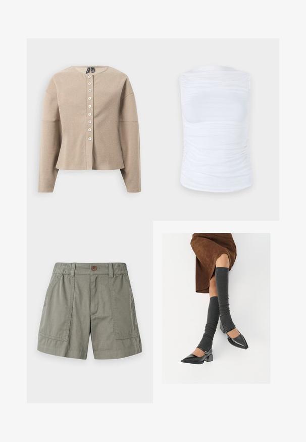 Beige knit cardigan with a round neckline, featuring a button-up front and long sleeves. Textured fabric with a subtle pattern.; White sleeveless top made of smooth, stretchy fabric with gathered details along the sides, featuring a round neckline and a fitted silhouette.; Light olive green shorts made of cotton blend fabric, featuring an elastic waistband, front pockets, and a single button closure.; Black patent leather pointed-toe shoes with a block heel and ankle strap, paired with gray ribbed leg warmers and a brown suede skirt.