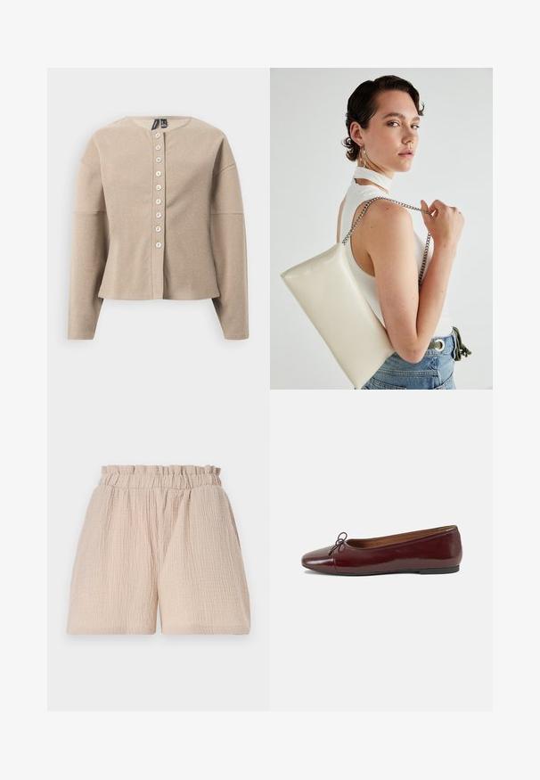 Beige strikket cardigan med rund hals, knappestolpe foran og lange ermer. Teksturert stoff med et subtilt mønster.; Hvit ermeløs topp laget av glatt, elastisk stoff med rynkedetaljer langs sidene, med rund halslinning og en tettsittende silhuett.; Lys beige shorts med en rynket tekstur og elastisk midje. Designet har en løs passform og ingen tillegg detaljer eller mønstre.; Burgunderrød lakk lær ballettleilighet med rund tå, liten sløyfe foran og en lav, svart gummisåle. Glatt tekstur.; Hvit rektangulær clutch-veske laget av blankt materiale, med en sølvkjede-stropp. Modellen poserer og viser vesken mot en ensfarget bakgrunn.