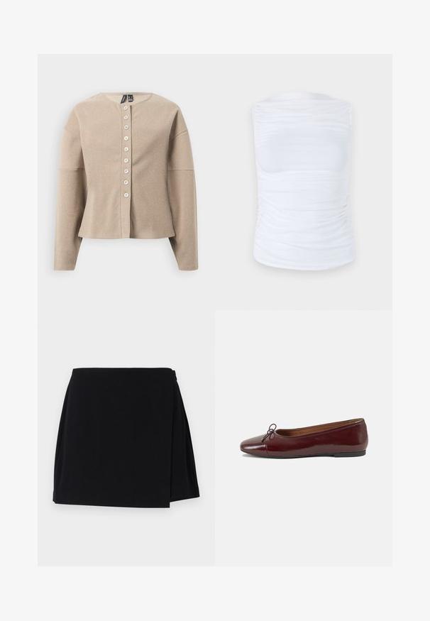 Bež pletena jopa z okroglim izrezom, z gumbi na sprednji strani in dolgimi rokavi. Teksturirano blago z nežnim vzorcem.; Bela brezrokavna majica iz gladkega, elastičnega materiala z nabiranjem ob straneh, s krožnim izrezom in oprijetim krojem.; Črna ovita krila z gladko teksturo in sproščenim dizajnom. Krilo je kratke dolžine in ima stransko odprtje za lažje gibanje.; Burgundska patenti usnjeni baletni čevlji z zaobljenim prstom, majhnim lokom na sprednji strani in nizkim črnim gumijastim podplatom. Gladka tekstura.