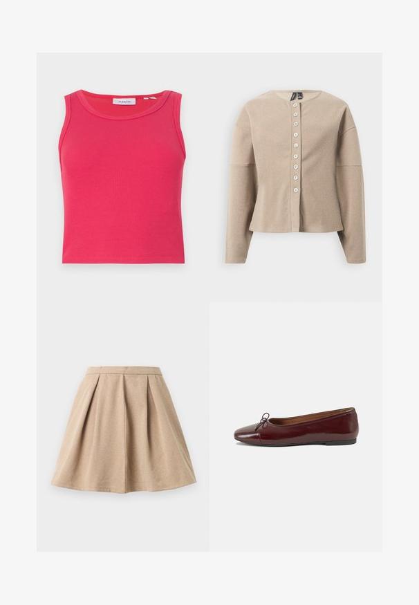 Smėlio spalvos megztinis kardiganas su apvaliu iškirpimu, priekyje su sagomis ir ilgomis rankovėmis. Audinys tekstūruotas, su subtiliu raštu.; Tinkama šviesiai rožinė tankų viršutinė dalis su apvaliu kaklu ir be rankovių. Vidinėje apykaklės pusėje yra etiketė su mėlynu tekstu.; Tan spalvota plisuota sijonas, pagamintas iš tekstūruoto audinio, turintis prigludusią juosmenį ir platėjantį dizainą, siekiantį iki vidinės šlaunies ilgio.; Bordo lakiotos odos baleto bateliai su apvalia nosimi, maža kaspinėlio akcentu priekyje ir žema juoda guma padanga. Lygi tekstūra.