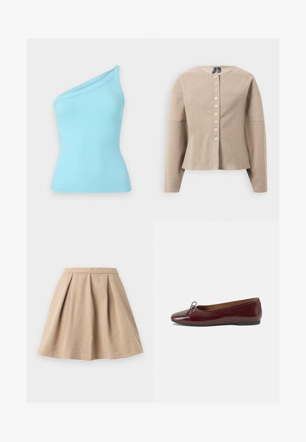 Smėlio spalvos megztinis kardiganas su apvaliu iškirpimu, priekyje su sagomis ir ilgomis rankovėmis. Audinys tekstūruotas, su subtiliu raštu.; Šviesiai mėlynas įvairių raštų liemenėle, turintis vientisą petį ir lygų tekstūrą. Elastinga medžiaga suteikia aptemptą siluetą.; Tan spalvota plisuota sijonas, pagamintas iš tekstūruoto audinio, turintis prigludusią juosmenį ir platėjantį dizainą, siekiantį iki vidinės šlaunies ilgio.; Bordo lakiotos odos baleto bateliai su apvalia nosimi, maža kaspinėlio akcentu priekyje ir žema juoda guma padanga. Lygi tekstūra.