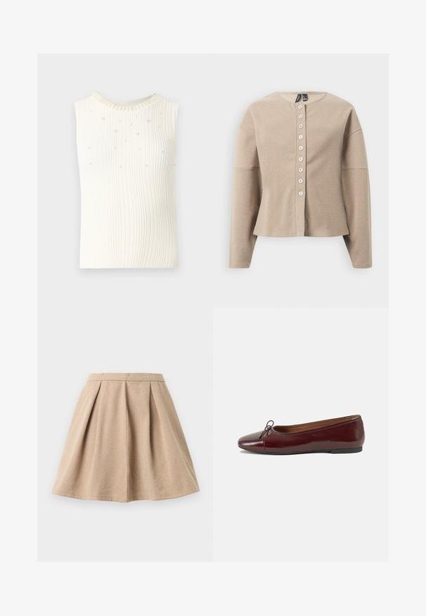 Béžový pletený cardigan s okrúhlym výstrihom, zapínaný na gombíky vpredu a s dlhými rukávmi. Textúrovaná látka s jemným vzorom.; Biela bezrukávová rebrová blúzka s textúrovanou tkaninou, ozdobená malými perlami a dekoratívnym perlovým výstrihom.; Béžová plisovaná sukňa vyrobená z textúrovanej látky, s priliehavým pásom a rozšíreným dizajnom, ktorý siaha až po stred stehien.; Burgundské lakované balerínky s okrúhlou špičkou, malou mašľou na prednej strane a nízkou čiernou gumovou podrážkou. Hladký povrch.