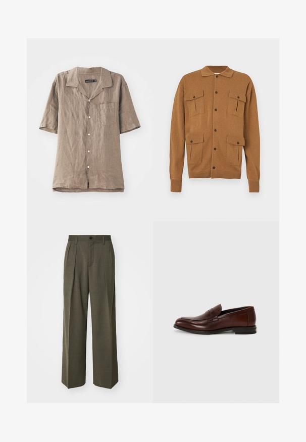 Cardigan marrone con colletto, due tasche a toppa sul fronte, chiusura a quattro bottoni e polsini a coste. Tessuto morbido, design dal fit casual.; Camicetta in lino a maniche corte di colore marrone chiaro con colletto, tasca frontale e chiusura con bottoni. Texture morbida con un motivo di tessitura naturale.; Filippa K WIDE TROUSERS - Pantaloni - driftwood; Mocassini in pelle marrone con punta arrotondata, dettagli in fascia frontale e tacco basso impilato. Texture liscia con pochi decorazioni.
