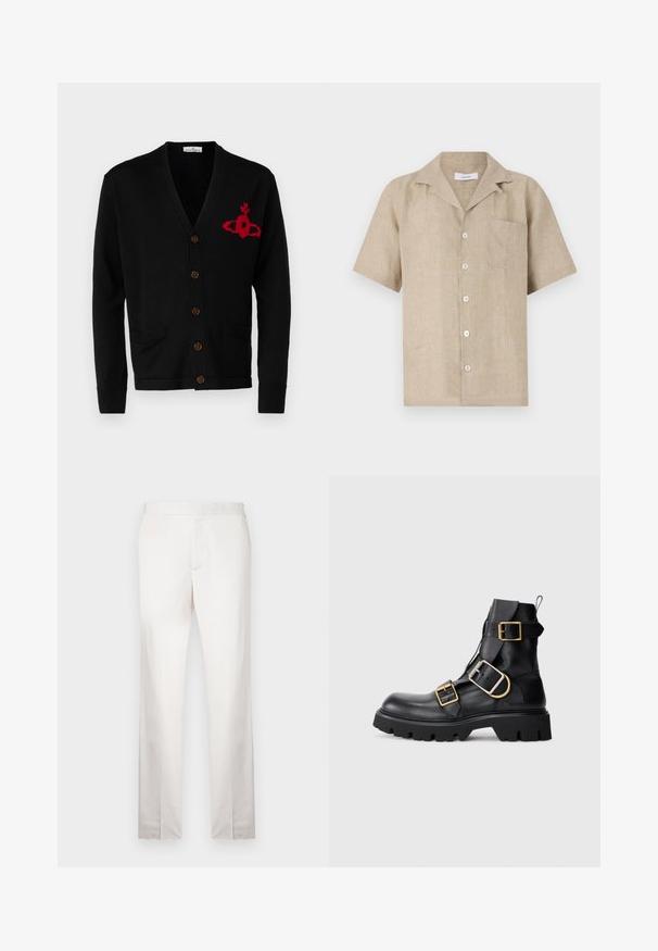 Vivienne Westwood ALEX CARDIGAN UNISEX - Cardigan - black; Camicia in lino a maniche corte di colore beige chiaro, con colletto, bottoni frontali e tasca sul petto sinistro. Tessuto strutturato con un design pulito.; Pantaloni tailored beige chiaro con una texture liscia, gambe dritte, parte frontale piatta e dettagli di cucitura minimi. Nessuna tasca visibile.; Stivale alla caviglia in pelle nera con molteplici fibbie dorate, suola in gomma nera spessa, punta arrotondata e tallone rinforzato. Presenta una linguetta per essere indossato facilmente.