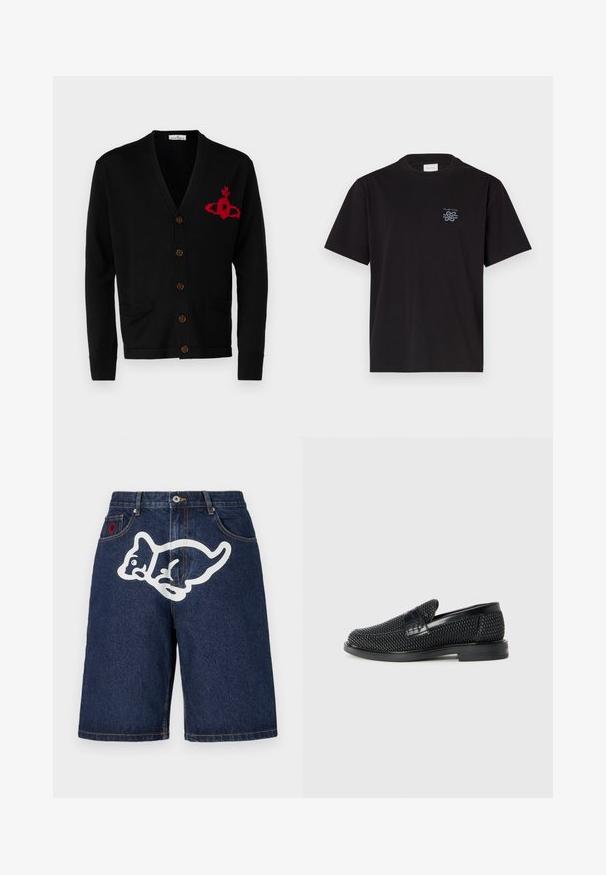 Vivienne Westwood ALEX CARDIGAN UNISEX - Kardigan - black; Must mustaga T-särk, millel on ümar kaelus ja lühikesed varrukad. Vasakul rinnal on väike sinine logo. Lihtne, sirge lõikega disain.; Icecream RUNNING PUPPY - Lühikesed teksad - indigo; Must musta kootud slip-on king, millel on pehme nahast accent ülaserval, ümmargune varvas ja madal profiiliga kummitald.