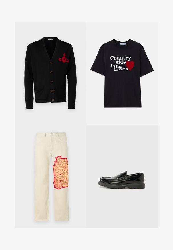 Vivienne Westwood ALEX CARDIGAN UNISEX - Adīta jaka - black; Melnas īsām piedurknēm T-krekls ar baltu tekstu "Lauki ir mīļotājiem" un sarkanu sirds grafiku priekšpusē.; Beige kokvilnas bikses ar lielu, teksturētu sarkanu un dzeltenu grafiku kreisajā kājā, kurā ir stilizēts teksts. Taisna kāju piegriezums.; Melnas ādas loafers ar spīdīgu apdari, noapaļota pirksta forma, smalkas šuvju detaļas un bieza gumijas zole ilgstošai lietošanai.