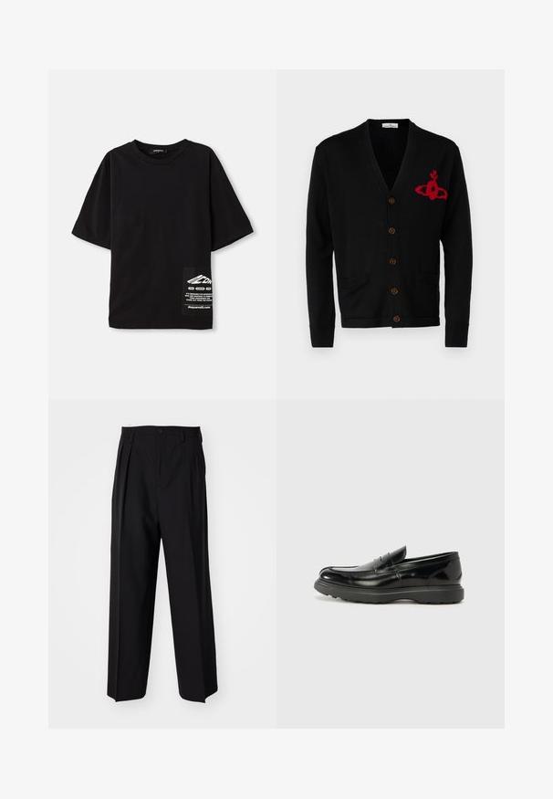 Vivienne Westwood ALEX CARDIGAN UNISEX - Vest - black; Zwarte oversized t-shirt van katoen, met korte mouwen, een ronde halslijn en een label met witte tekst op een zijzak.; Zwarte geplooide broeken met een rechte, brede pijpontwerp. Gemaakt van soepele stof, met een knoopsluiting en riemlussen.; Zwarte leren instapper met een glanzende afwerking, een ronde neus, subtiele stiksels en een dikke rubberen zool voor duurzaamheid.