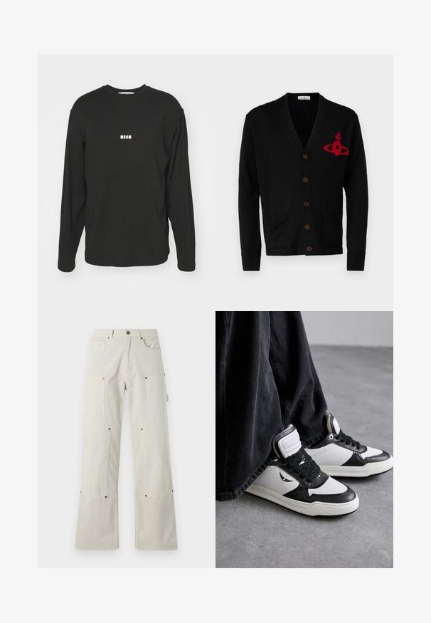 Vivienne Westwood ALEX UNISEX czarny; Czarna, długosleeve'owa koszulka wykonana z bawełny, z małym, białym logo "MSGM" na klatce piersiowej, okrągłym dekoltem i luźnym krojem.; Szerokie nogawki, jasnobeżowe spodnie wykonane z bawełny o gładkiej strukturze, z kieszeniami naszywanymi i metalowymi akcentami.; Czarno-białe sneakersy typu high-top z fakturowanym czarnym detalem w postaci sznurowadeł, wykonane z materiału skórzanego i syntetycznego, z logo po boku.