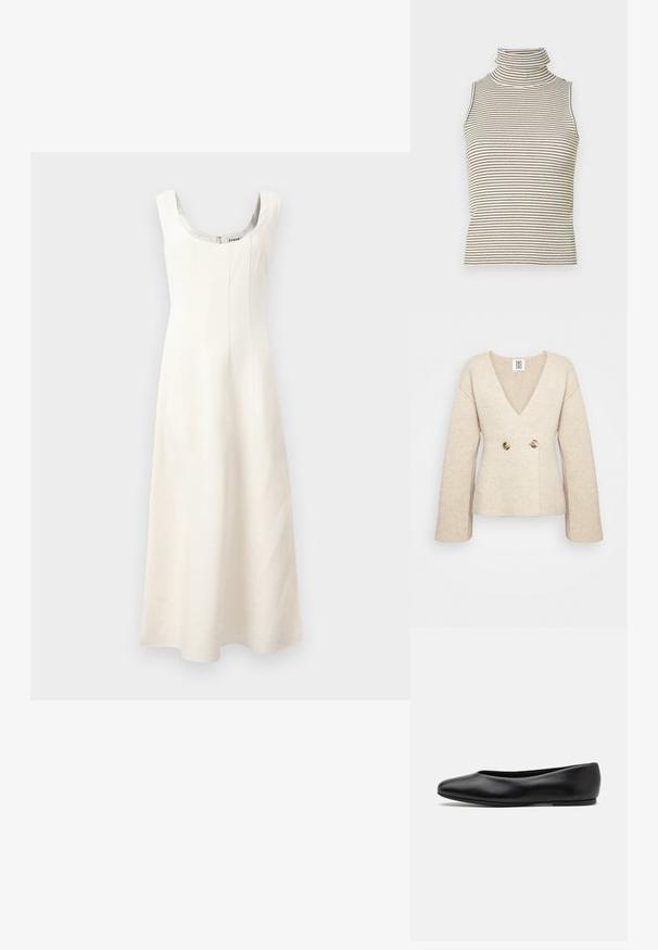 Beige knitted sweater with a deep V-neck, long sleeves, and a fitted waist featuring two large round buttons at the front.; White sleeveless dress with a scoop neckline, fitted bodice, and flowing skirt. Features vertical seams and a concealed zipper at the back.; Sleeveless turtleneck top with vertical black and white stripes, made of a textured knit fabric, featuring a high, snug collar.; Paul Smith TOPANGA - Ballet pumps - black