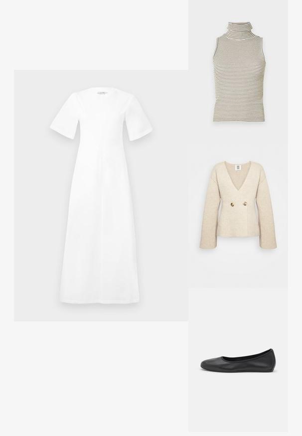 Beige kötött pulóver mély V-nyakkal, hosszú ujjal és szabott derékkal, elöl két nagy, kerek gombbal.; Fehér, térdig érő ruha rövid ujjakkal, kerek nyakkivágással és laza fazonnal, sima anyagból, látható minták vagy díszítések nélkül.; Ujjatlan garbó felső, függőleges fekete és fehér csíkokkal, texturált kötött anyagból készült, magas, szoros gallérral.; Fekete bőr balettcipő lekerekített orral, sima tekstúrával, minimális varrással és rugalmas talp kialakítással.