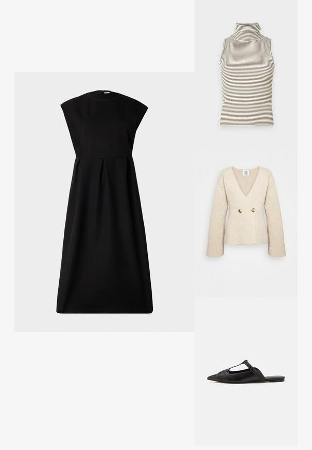 Bežinis megztinis su giliu V formos iškirpimu, ilgomis rankovėmis ir prisitaikančiu liemeniu, priekyje su dviem dideliais apvaliais mygtukais.; Bally Kokteilinė suknelė / vakarėlių suknelė - black; Bele gydimo viršus be rankovių su vertikaliomis juodai baltomis juostomis, pagamintas iš tekstūruoto mezgimo audinio, turintis aukštą, prigludusią apykaklę.; Juodos odinės slingback bateliai su smailiu pirštu, turintys audinį akcentą ir raukšlėtą viršutinį dizainą. Lygus padas su minimaliais aksesuarais.; Ruda odinė pusmėnulio formos rankinė su juodais MCM logotipais, auksinės grandinėlės detalėmis ir reguliuojama petneša ant balto fono.