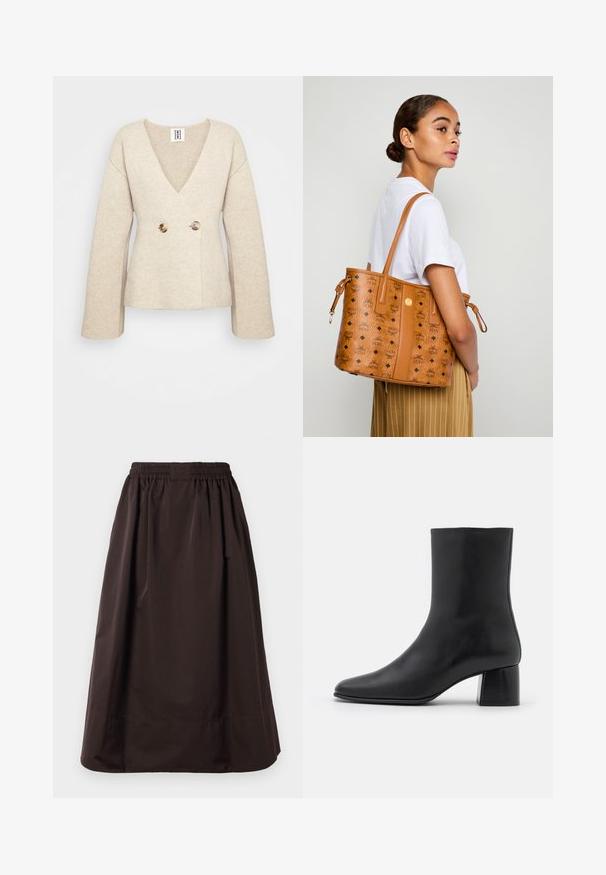 Beige gestrickter Pullover mit tiefem V-Ausschnitt, langen Ärmeln und taillierter Passform, die auf der Vorderseite zwei große runde Knöpfe aufweist.; Ärmelloses Rollkragenoberteil mit vertikalen schwarz-weißen Streifen, hergestellt aus einem strukturierten Strickstoff und mit einem hohen, eng anliegenden Kragen.; Brauner Midilängenrock mit elastischem Bund und weitem Saumdetail, aus glattem Stoff mit subtilen Falten unterhalb der Taille.; Schwarze Leder-Ankle-Boots mit spitzer Zehenpartie und einem klobigen, quadratischen Absatz. Glatte Textur mit nahtlosem Design und minimalistischem Nähen.; Frau in einem weißen Hemd und gestreiften Hosen, die eine beige Leder-Umhängetasche mit schwarzen Logos über ihrer Schulter trägt und seitlich steht.