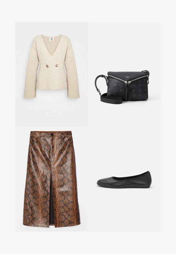 Krémový pletený sveter s hlbokým výstrihom do V, dlhými rukávmi a priliehavým pásom, ktorý má vpredu dva veľké okrúhle gombíky.; Halenka bez rukávov s vysokým golierom a vertikálnymi čierno-bielymi pruhmi, vyrobená z textúrovanej pleteniny.; Hnedá midi sukňa s hadím vzorom vyrobená z lesklého textúrovaného materiálu, s predným rozparkom a tradičnými vreckami v štýle džín.; Čierne kožené baleríny s okrúhlou špičkou, hladkým povrchom, minimálnym prešívaním a flexibilným dizajnom podrážky.; Čierna kožená crossbody taška so strieborným zipsom v tvare V, s embosovaným logom a nastaviteľným popruhom na bielom pozadí.