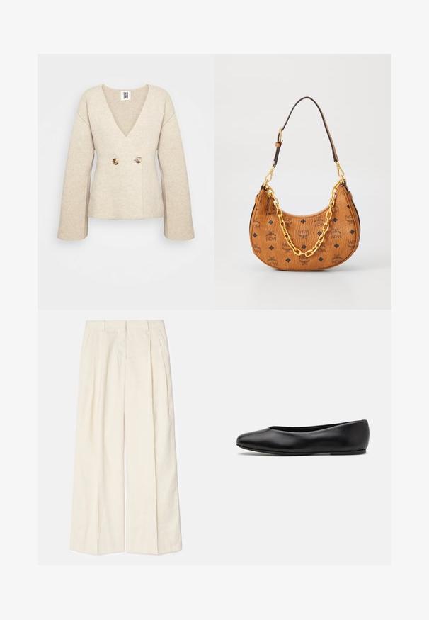 Beige strikket sweater med dyb V-hals, lange ærmer og et tætsiddende talje med to store runde knapper fortil.; Ærmeløs turtleneck-top med lodrette sorte og hvide striber, lavet af en struktureret strikket stof, med en høj, tætsiddende krave.; VIDE-bukser i et blødt, lyst cremefarvet stof. Har frynser foran, bæltesløjfer og en glat tekstur. Skræddersyet design med en ren finish.; Paul Smith TOPANGA - Ballerinasko - black; Brun læder halvmåneformet håndtaske med sorte MCM-logoer, guld kædedetalje og justerbar skulderrem på hvid baggrund.