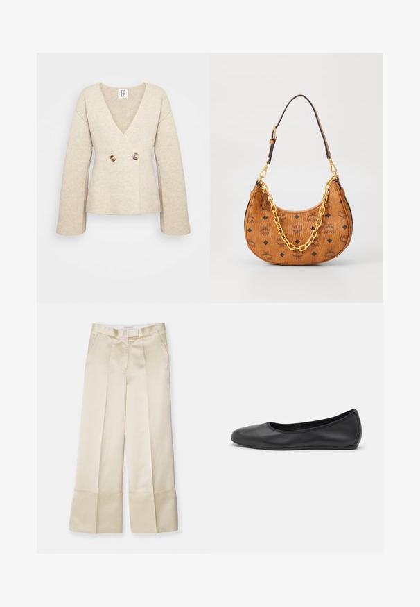 Beige strikket sweater med dyb V-hals, lange ærmer og et tætsiddende talje med to store runde knapper fortil.; Ærmeløs turtleneck-top med lodrette sorte og hvide striber, lavet af en struktureret strikket stof, med en høj, tætsiddende krave.; Beige vidde ben bukser i glat stof med høj talje, plisseret front og foldet kant, med sidelommer og et rent finish.; Sort læderballetsko med rund tå, glat tekstur, minimal syning og et fleksibelt såldesign.; Brun læder halvmåneformet håndtaske med sorte MCM-logoer, guld kædedetalje og justerbar skulderrem på hvid baggrund.