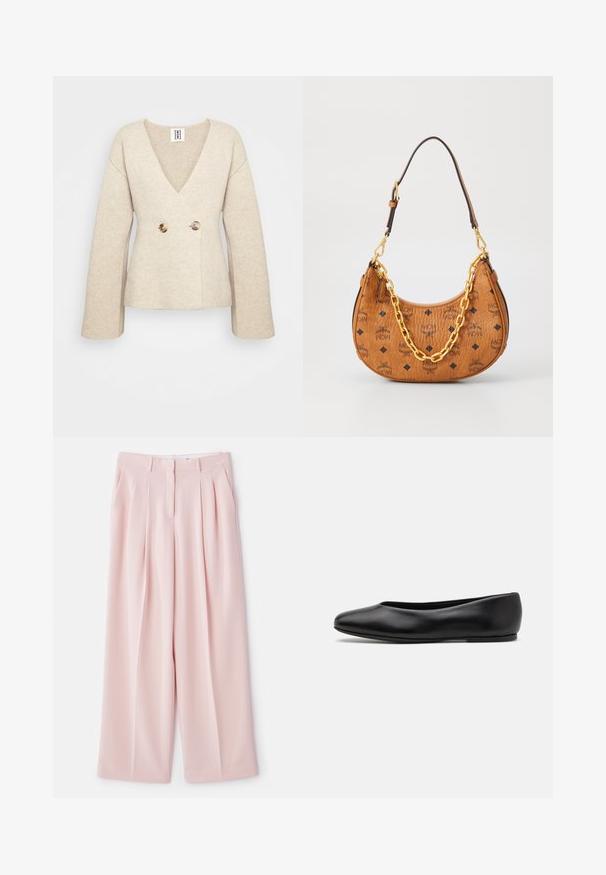 Vaaleanbeige neulepusero, jossa on syvä V-pääntie, pitkät hihat ja istuva vyötärö, edessä kaksi suurta pyöreää nappia.; Hihaton poolopaita, jossa on pystysuorat mustat ja valkoiset raidat, valmistettu teksturoidusta neulekankaasta, ja siinä on korkea, tiukka kaulus.; Vaaleanpunaiset leveälahkeiset housut, joissa on etuintarsiat, muotoiltu vyötärö ja sileä kangaspinta. Sisältää kaksi sivutaskua.; Paul Smith TOPANGA - Ballerinat - black; Ruskea nahkainen puolikuun muotoinen käsilaukku, jossa mustat MCM-logot, kultaketju yksityiskohtana ja säädettävä olkahihna valkoisella taustalla.