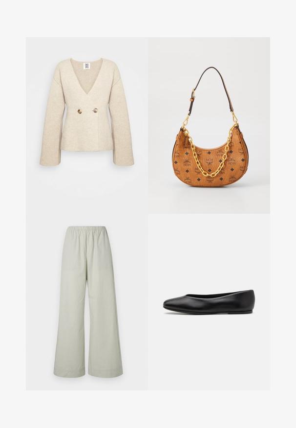 Beżowy sweter dziany z głębokim dekoltem w serek, długimi rękawami i dopasowaną talią, z dwoma dużymi okrągłymi guzikami z przodu.; Bez rękawów top w golf z pionowymi czarno-białymi paskami, wykonany z teksturowanej dzianiny, z wysokim, dopasowanym kołnierzem.; Jasnozielone spodnie o szerokich nogawkach z elastycznym paskiem w talii, wykonane z gładkiej tkaniny z subtelnym wzorem teksturowanym. Bez kieszeni ani metalowych detali.; Paul Smith TOPANGA czarny; Brązowa skórzana torebka w kształcie półksiężyca z czarnymi logo MCM, złotym detalem łańcucha i regulowanym paskiem na ramie na białym tle.