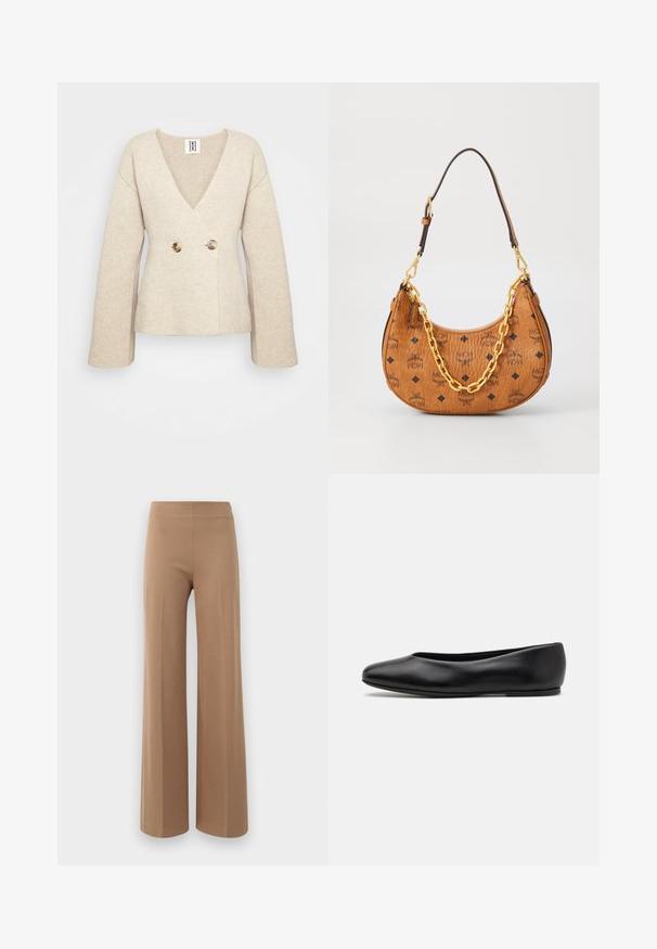 Vaaleanbeige neulepusero, jossa on syvä V-pääntie, pitkät hihat ja istuva vyötärö, edessä kaksi suurta pyöreää nappia.; Hihaton poolopaita, jossa on pystysuorat mustat ja valkoiset raidat, valmistettu teksturoidusta neulekankaasta, ja siinä on korkea, tiukka kaulus.; Laaja lahkeinen housu vaaleanruskeasta, venyvästä kankaasta, joka on sileä tekstuuri ja korkea, joustava vyötärö. Ei näkyviä kiinnityksiä tai taskuja.; Paul Smith TOPANGA - Ballerinat - black; Ruskea nahkainen puolikuun muotoinen käsilaukku, jossa mustat MCM-logot, kultaketju yksityiskohtana ja säädettävä olkahihna valkoisella taustalla.