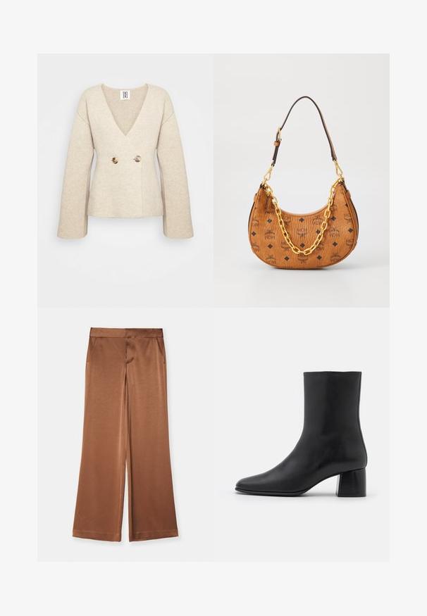 Beige kudumööbel sügava V-kaelusega, pikkade varrukatega ja kitseneva taljega, millel on ees kaks suurt ümmargust nööpi.; Varrukateta turtleneck-särk, millel on vertikaalsed mustad ja valged triibud, valmistatud tekstureeritud kudumkangast ning millel on kõrge ja tihedalt istuv krae.; Pruunid laiad püksid satiinist, millel on küljetaskud, sile tekstuur ja kohandatud vöökoht struktureeritud istuvuse saavutamiseks.; Must musta ankle boot terava nina ja turske ruudukujulise kontsaga. Sile tekstuur, sujuv disain ja minimaalne õmblus.; Pruun nahast poolkuu kujuline käekott mustade MCM logodega, kuldse kett detailiga ja reguleeritava õlavarre rihmaga valgel taustal.