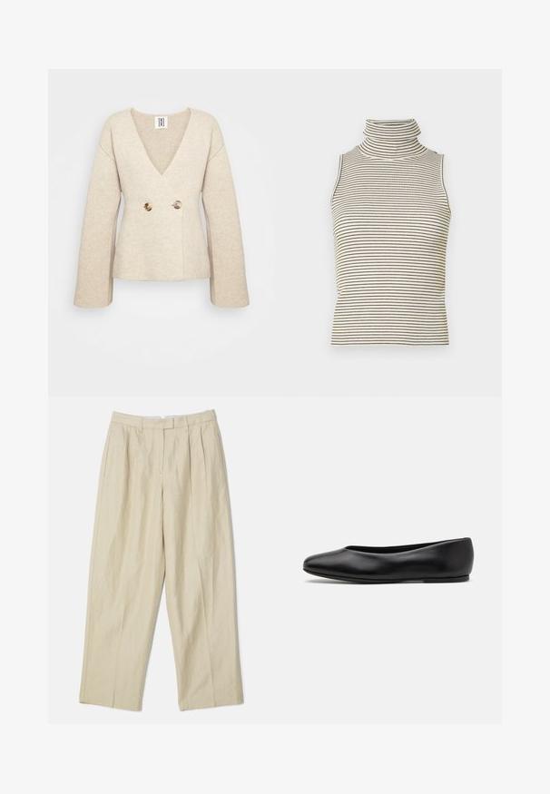 Vaaleanbeige neulepusero, jossa on syvä V-pääntie, pitkät hihat ja istuva vyötärö, edessä kaksi suurta pyöreää nappia.; Hihaton poolopaita, jossa on pystysuorat mustat ja valkoiset raidat, valmistettu teksturoidusta neulekankaasta, ja siinä on korkea, tiukka kaulus.; Vaaleanbeige pellavahousut, joissa on leveälahkeinen muotoilu, etupleiseillä, sivutaskuilla ja sileällä pinnalla. Klassinen leikkaus ja monikäyttöinen tyyli.; Paul Smith TOPANGA - Ballerinat - black