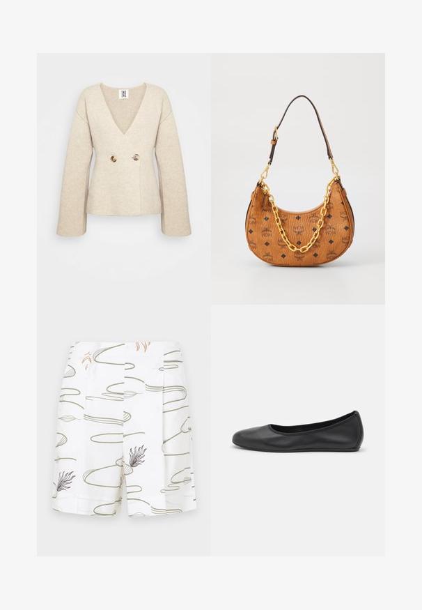 Bežinis megztinis su giliu V formos iškirpimu, ilgomis rankovėmis ir prisitaikančiu liemeniu, priekyje su dviem dideliais apvaliais mygtukais.; Bele gydimo viršus be rankovių su vertikaliomis juodai baltomis juostomis, pagamintas iš tekstūruoto mezgimo audinio, turintis aukštą, prigludusią apykaklę.; Balti šortai su laisvai krintančiais, abstrakčiais žaliais ir rudos spalvos linijų raštais, turintys raukšles ir glotnų paviršių.; Juodai odiniai baletai su apvaliu pirštu, lygi texture, minimalus siuvimo detales ir lanksčiu padų dizainu.; Ruda odinė pusmėnulio formos rankinė su juodais MCM logotipais, auksinės grandinėlės detalėmis ir reguliuojama petneša ant balto fono.