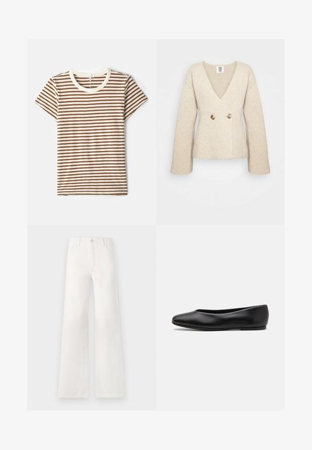 Pull en tricot beige avec un décolleté en V profond, des manches longues et une taille cintrée, décoré de deux grands boutons ronds à l'avant.; T-shirt rayé avec des rayures horizontales marron et blanches, manches courtes et un col rond crème en tissu doux et texturé.; Jean large blanc taille haute en denim. Se ferme par un bouton, dispose de deux poches avant et de coutures détaillées sur les côtés.; Paul Smith TOPANGA - Ballerines - black