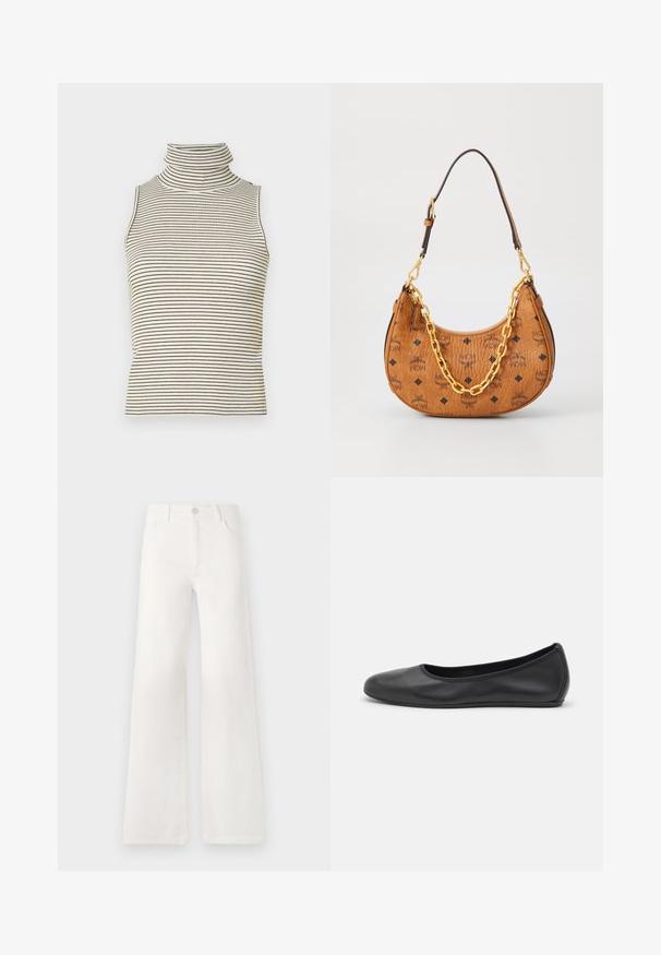 Bēša adīta džemperis ar dziļu V veida kakla izgriezumu, garām piedurknēm un piegulošu jostas daļu, kas priekšpusē rotāta ar divām lielām apaļām pogām.; Bez piedurknēm, augsta izgriezuma topiņš ar vertikālām melnbaltām svītrām, izgatavots no teksturēta adīta auduma, ar augstu, pieguļošu apkakli.; Baltas, augsto jostasvietu platās kājas džinsi, izgatavoti no denima. Iekļauj pogu aizdari, divas priekšējās kabatas un sānu šuves ar šuvju detaļām.; Melna ādas baleta kurpe ar noapaļotu purngalu, gludu tekstūru, minimālu šuvju detalizāciju un elastīgu zoles dizainu.; Brūnas ādas pusmēness formas rokassomas ar melniem MCM logotipiem, zelta ķēdes detaļu un regulējamu plecu siksnu uz baltā fona.