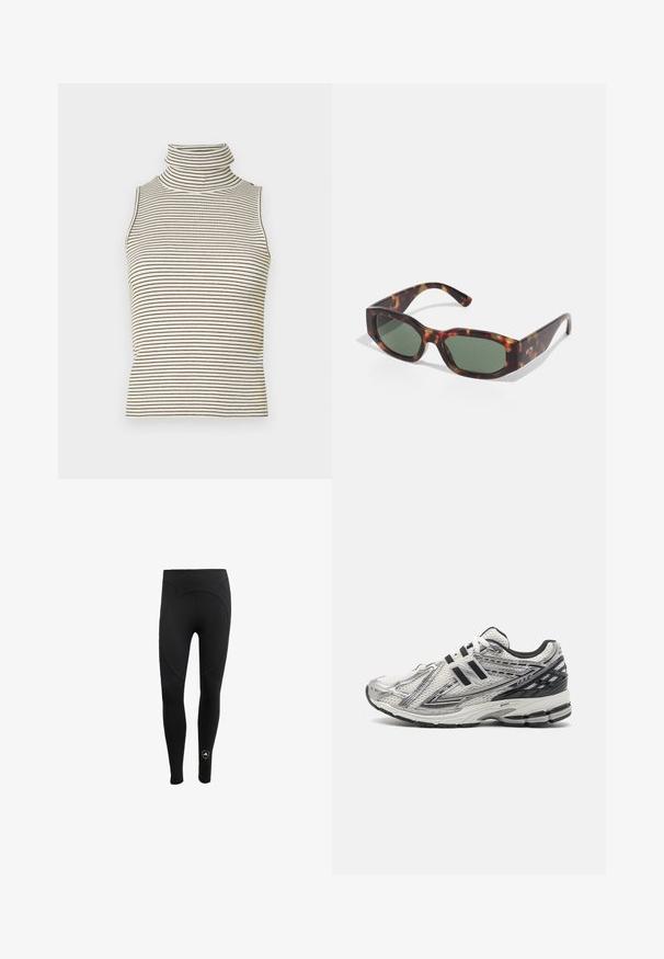 Beige knitted sweater with a deep V-neck, long sleeves, and a fitted waist featuring two large round buttons at the front.; Sleeveless turtleneck top with vertical black and white stripes, made of a textured knit fabric, featuring a high, snug collar.; Women's black leggings made from stretch fabric, featuring a high waistband and seamless design with a circular back panel and logo detail.; Men's running shoes in white mesh with black accents, featuring a cushioned sole, lace-up design, and a textured surface for grip.; Tortoiseshell sunglasses with rectangular green lenses, wide frame, and thick temples. Features a sleek design and a smooth plastic texture.; Black leather crossbody bag with silver V-shaped zipper, embossed logo pattern, and adjustable strap on white background.