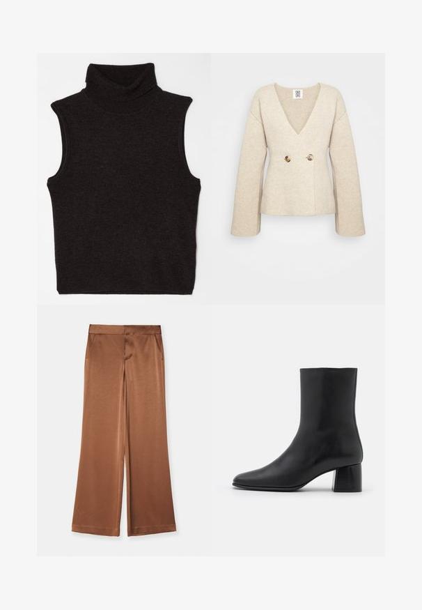 Beige kudumööbel sügava V-kaelusega, pikkade varrukatega ja kitseneva taljega, millel on ees kaks suurt ümmargust nööpi.; Filippa K TURTLENECK VEST - Topp - mocha; Pruunid laiad püksid satiinist, millel on küljetaskud, sile tekstuur ja kohandatud vöökoht struktureeritud istuvuse saavutamiseks.; Must musta ankle boot terava nina ja turske ruudukujulise kontsaga. Sile tekstuur, sujuv disain ja minimaalne õmblus.