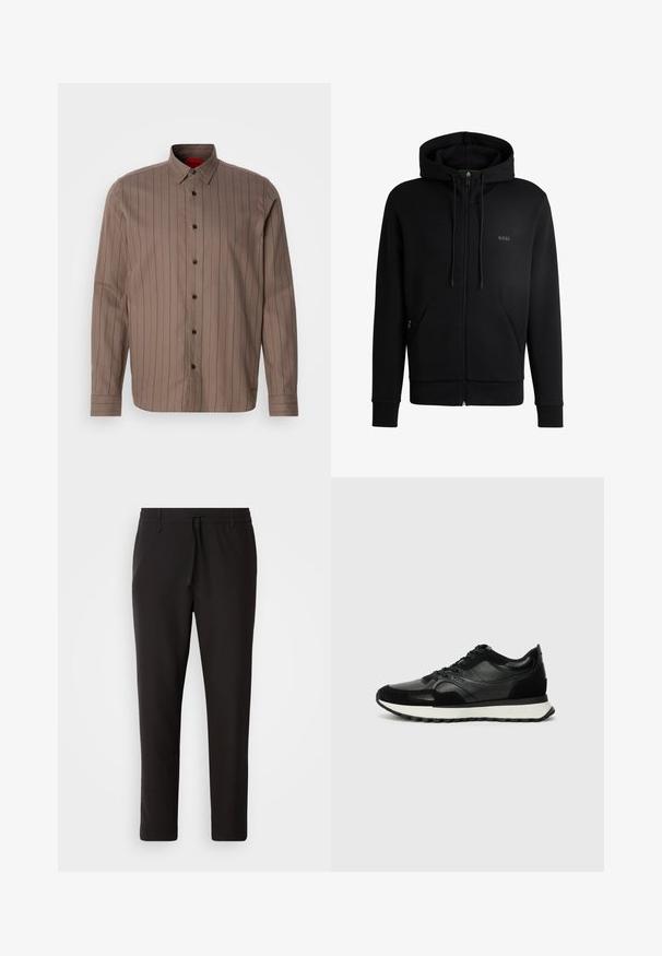 Melnā džemperis ar rāvējslēdzēju, izgatavots no mīksta auduma, ar kapuci, divām sānu kabatām, ribotām aprocēm un minimālu apdruku uz krūtīm.; Brūna pogājama krekla ar vertikālām tumši sarkanu svītrām, kokvilnas maisījuma audums, šaurs apkakle, garas piedurknes un melnas pogas.; Melnas sporta bikses no gludas auduma. Tām ir elastīga josta ar auklu, sašaurinātas kājas un nav redzamu kabatu. Vienkāršs dizains.; Melni sporta apavi ar teksturētu ādu un zamšādu, ar baltu vidējo zolīti un šņorēšanas dizainu. Pamanāma zīmola logo sānos.