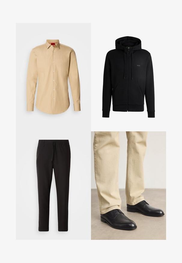 Black zip-up hoodie made of soft fabric, featuring a hood, two side pockets, ribbed cuffs, and minimal branding on the chest.; Beige button-up shirt made of smooth fabric, featuring a classic collar, long sleeves, and subtle texture with white buttons.; Black jogger pants made of smooth fabric. Feature an elastic waistband with a drawstring, tapered legs, and no visible pockets. Simple design.; Black leather lace-up shoes with a rounded toe, smooth finish, and subtle stitching details, worn with light beige pants.