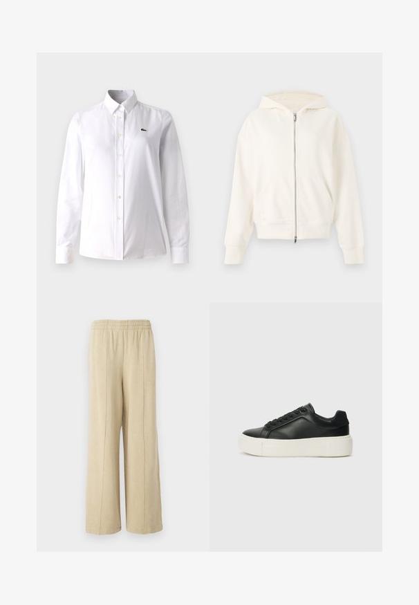 Hvit zip-up hettegenser med snorhette, kengurulommer og ribbestrikkede ermer. Mykt materiale med en glatt tekstur og minimalistisk design.; Hvit skjorte med knapper laget av bomull, med klassisk krage, lange ermer, og en liten grønn logo på venstre bryst.; Beige vide benbukser med elastisk talje og synlige sidesømme. Laget av myk stoff med en jevn tekstur.; Sorte lær sneakers med rund tå, hvit plattformsåle og svarte snøring. Har en subtil logo på hælen og jevn tekstur.
