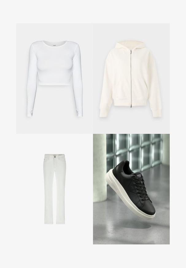 Bela zip-up kapuca z vrvico, kenguru žepi in rebrastimi manšetami. Mehka tkanina z gladko teksturo in minimalističnim dizajnom.; Bela dolga majica s kratkimi rokavi, izdelana iz gladkega, raztegljivega materiala, z okroglim izrezom in prilegnjenim krojem. Minimalističen dizajn.; Beli traperice s slim krojem, zasnovane s petimi žepi in kontrastnim šivanjem. Imajo gumbasto zapiranje in diskretno oznako blagovne znamke na pasu.; Črne nizke superge Guess z belo podplatom, vezalkami in blagovno znamko na strani ter jeziku, razstavljene ob ozadju iz steklenih blokov.