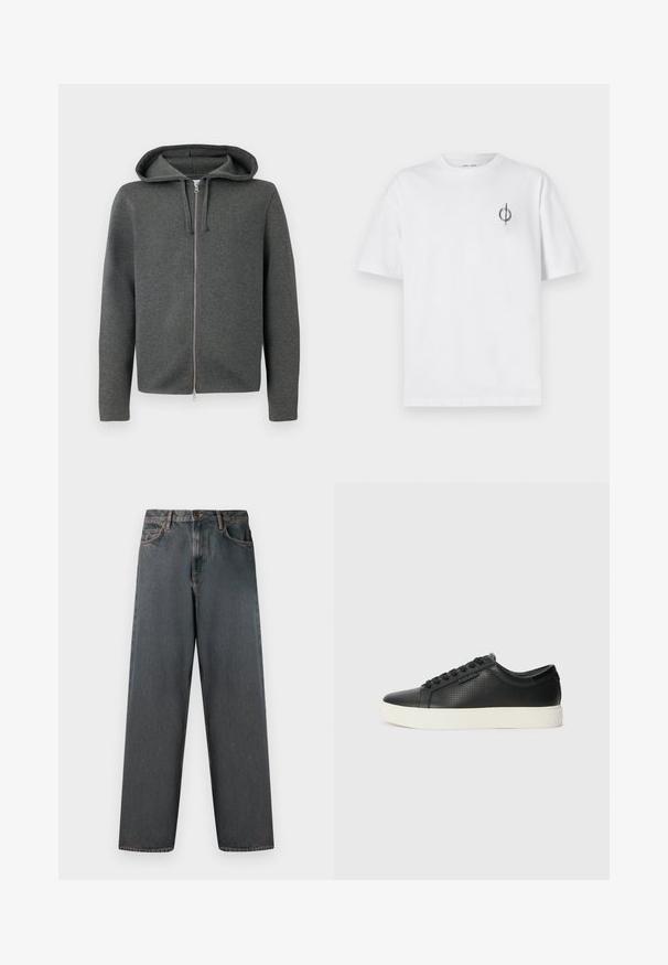 Haut de hoodie gris zippé avec capuche, fabriqué en tissu doux, comportant une fermeture éclair lisse et des manches longues. Design minimal, sans motifs visibles.; T-shirt en coton blanc avec une coupe décontractée, présentant un petit logo graphique noir sur le côté gauche de la poitrine. Manches courtes, col rond.; Jean en denim gris foncé avec une coupe droite, cinq poches et une fermeture à bouton et zip. Le tissu présente un léger dégradé et des coutures.; Baskets en cuir noir avec texture perforée, bout rond et semelle en caoutchouc blanc plat. Dispose de lacets noirs et d'un logo discret sur le côté.